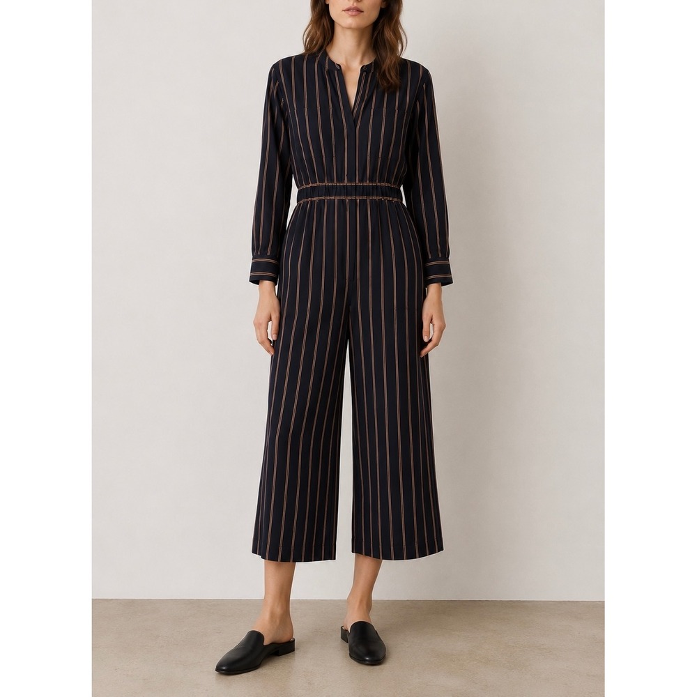 VINCE Navy Striped Long Sleeve Wide Leg Cropped Utility Jumpsuit
